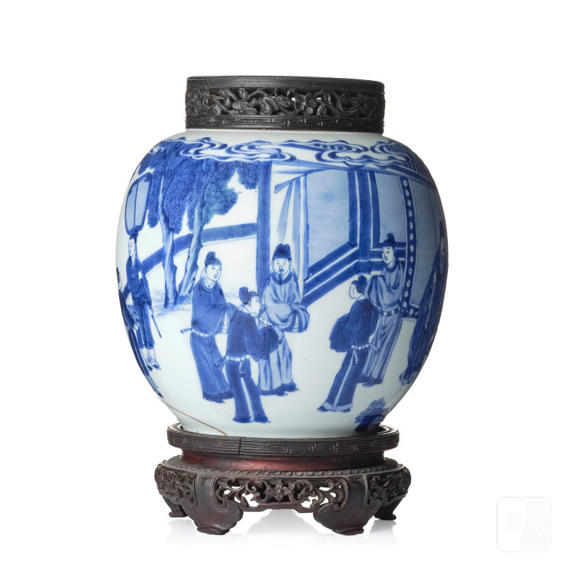 A blue and white jar,